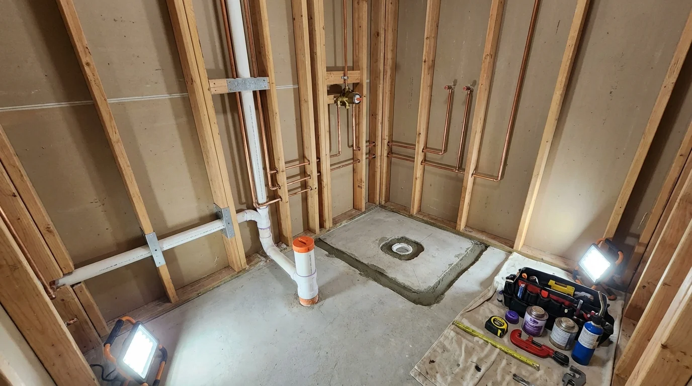 Bathroom rough-in plumbing during remodel by Johns Plumbing LLC in Wilton