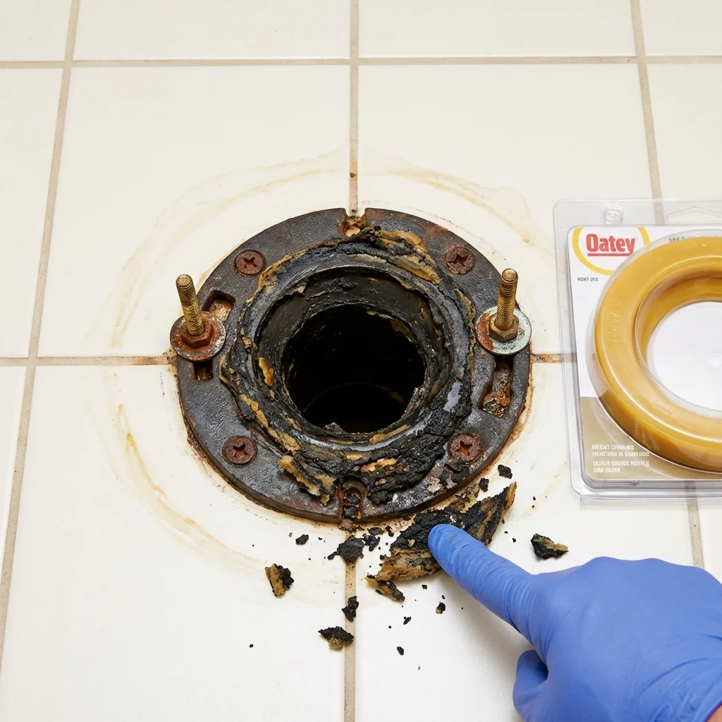 Failed wax ring showing water seepage at the base of a toilet in a Wilton, CA home
