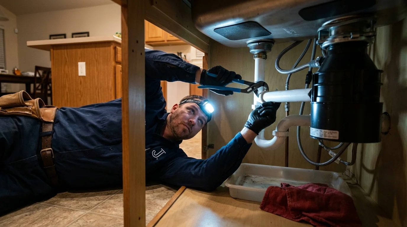 P-trap and supply line connections under a kitchen sink showing a common leak point in Wilton, CA